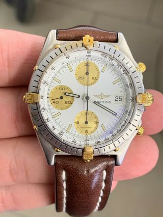 Breitling Chronomat Wristwatch Chronograph Two Tone 81.  950 Leather Strap