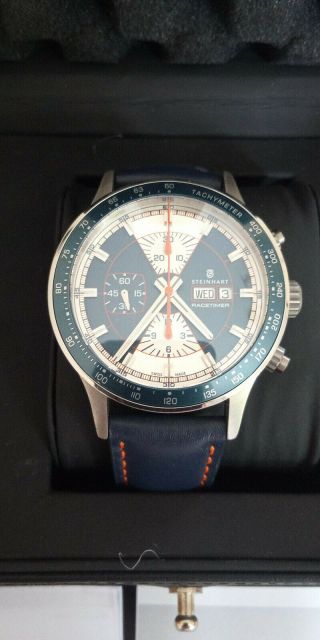 Steinhart Racetimer Chronograph.  Swiss Valjoux 7750 Automatic.  Blue.
