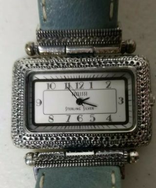Ecclissi Sterling Silver Rectangular Watch Pitted Design Bezel 21625 Blue Band