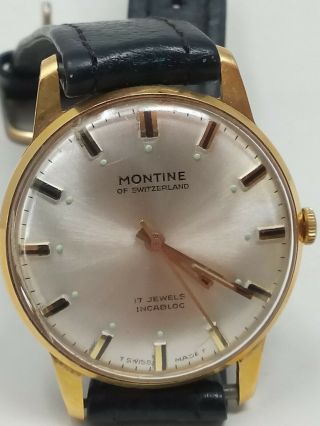 Vintage Montine 17 Jewels Incabloc Mens Mechanical Wind Up Watch In Case