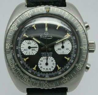 Vintage Levrette Mens 41mm Steel Chronograph Divers Watch Valjoux 7736 Faded Bez