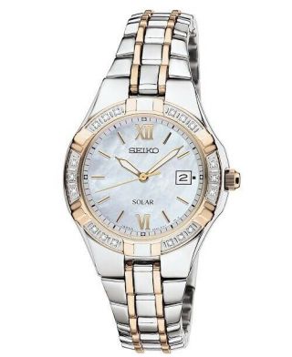 Seiko Solar Mop Dial Diamond Accent Two Tone Stainless Steel Ladies Watch Sut068