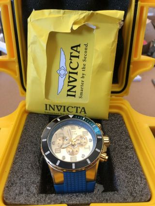 Invicta Gold 52mm Pro Diver With Royal Blue Band,  Case,  And Paperwork