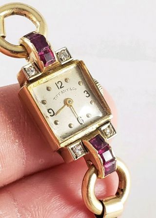 Deco Ladies Tiffany & Co.  14k Gold Ruby And Diamond Watch And Bracelet