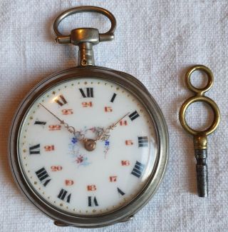 Vintage / Antique French Silver Open Face Pocket Watch With Key