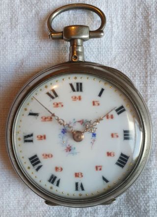 Vintage / Antique French Silver Open Face Pocket Watch With Key 2