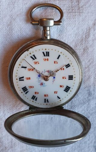 Vintage / Antique French Silver Open Face Pocket Watch With Key 8