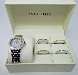 Anne Klein 12/2277inst Crystal Accent Two Tone Watch Set W/ 5 Bezels Box