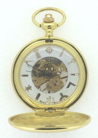 Boxx Mechanical Gilt Tone Glass Back Masonic Pocket Watch And Chain Boxed