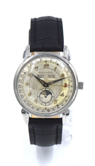 Vintage Movado 17j Triple Date Calendar Moon Phase Wristwatch Stainless Steel