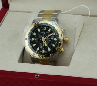 $2095 Salvatore Ferragamo Mens Black 44mm Chrono Stainless Steel Watch Sfpb00418