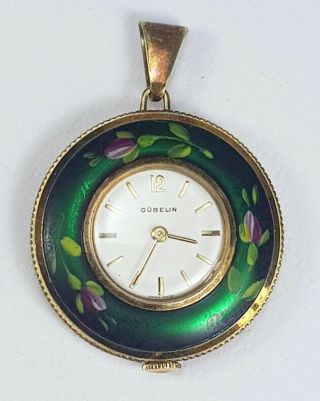 Antique Gubelin Gold Plated & Hand Painted Brooch Pendant Pocket Swiss Watch