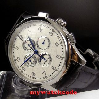 44mm Parnis White Dial Blue Marks Moon Phase Automatic Movement Mens Watch P334