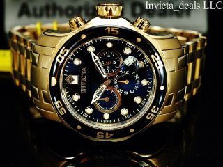Invicta Men 48mm Pro Diver Scuba Chronograph Black Dial 18k Gold Plated Ss Watch