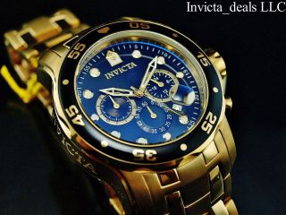 Invicta Men 48mm Pro Diver SCUBA Chronograph Black Dial 18k Gold Plated SS Watch 3