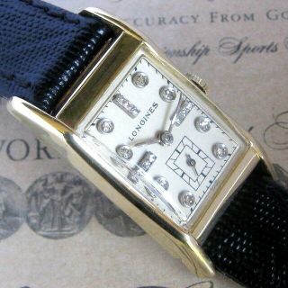 Mens 1946 Longines 14k Solid Gold Vintage Art Deco Diamond Dial 17j Swiss Watch