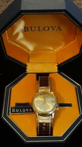 Vintage Men’s Bulova 14k Gold Filled Accutron Wrist Watch Date W Box And Papers