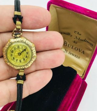 Ladies Bulova 1940’s 14k Gf Art Deco Dolly Madison Pocket Wrist Watch,  Box Runs