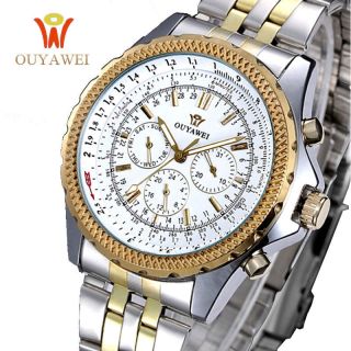 Ouyawei Men Skeleton Mechanical Watch Stainess Steel Gold Dress Watches Day Date