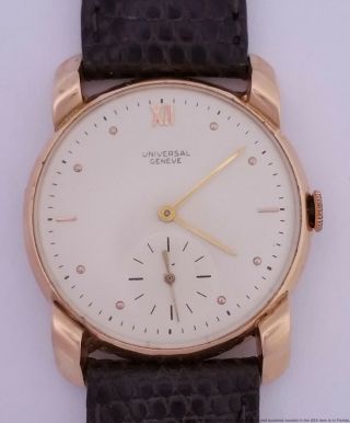 18k Rose Gold Vintage Art Deco 1950s Universal Geneve Large Chunky Mens Watch