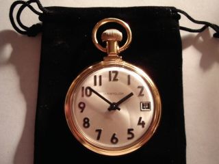 Vintage 16s Pocket Watch Steam Train Theme Case & Calendar Dial Runs Well.