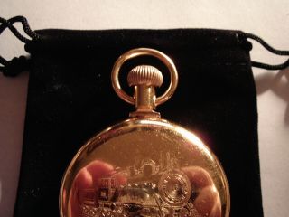Vintage 16S Pocket Watch Steam Train Theme Case & Calendar Dial Runs Well. 6