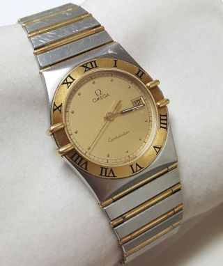 Vintage Omega Ω Men ' s Constellation Stainless Steel 18k Gold Quartz Watch w/Box 2