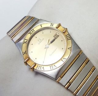 Vintage Omega Ω Men ' s Constellation Stainless Steel 18k Gold Quartz Watch w/Box 6