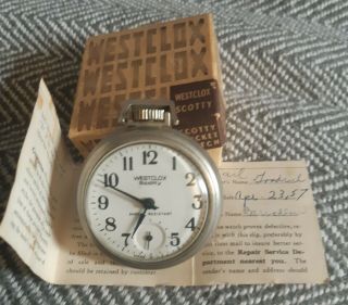 Vintage Scotty Westclox Pocket Watch Box And Paper Work 1957