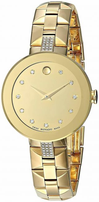Movado Sapphire Diamond Gold Dial Ladies Watch 0606913 -