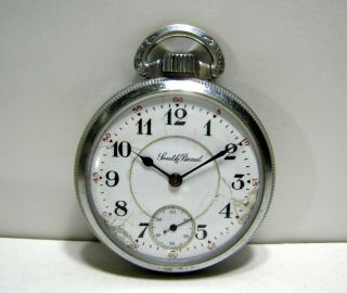 1909 South Bend Pocket Watch With Train Engraving On Case Back