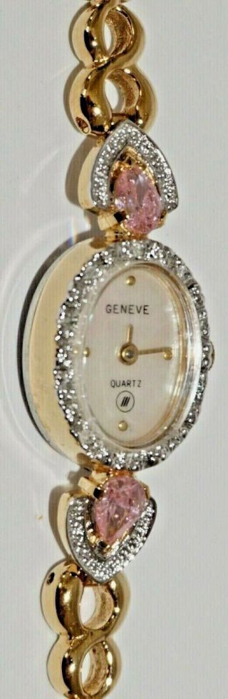 Vintage Geneve Ladies Wrist Watch - Pave Diamonds & Pink Gemstones