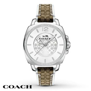 Coach Womens Boyfriend Khaki Leather Strap Watch Signature $225 14502416