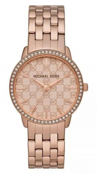 Michael Kors Darci Argyle Logo Rose Gold Tone Crystal Glitz Watch