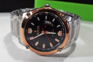 Croton Men Stainless Steel Link Bracelet Watch Rose Gold Tone Accents Black Dial