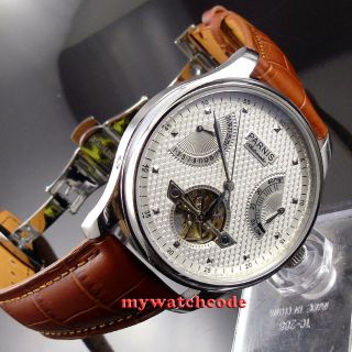 43mm PARNIS white dial brown strap power reserve ST2505 automatic mens watch 413 2