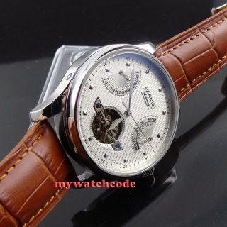 43mm PARNIS white dial brown strap power reserve ST2505 automatic mens watch 413 3