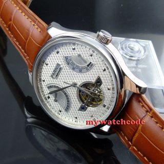 43mm PARNIS white dial brown strap power reserve ST2505 automatic mens watch 413 4