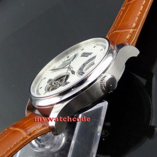 43mm PARNIS white dial brown strap power reserve ST2505 automatic mens watch 413 5