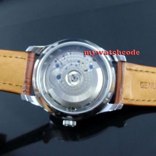 43mm PARNIS white dial brown strap power reserve ST2505 automatic mens watch 413 6