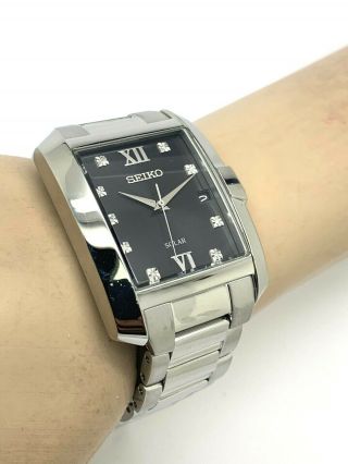 Seiko Solar Black Diamond Dial Silver Tone Stainless Steel Men ' s Watch SNE461 4