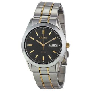 Seiko Solar Sne047 Mens Two Tone Stainless Steel Black Dial Day/date 38mm Watch