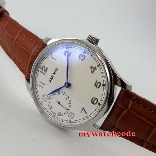 44mm Parnis White Dial Blue Hands Brown Strap Hand Winding 6497 Mens Watch P28b