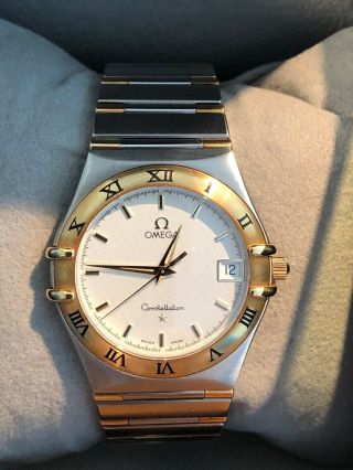 1312.  30 Omega Constellation Classic Men Swiss Quartz Silver 18k Gold Date Watch