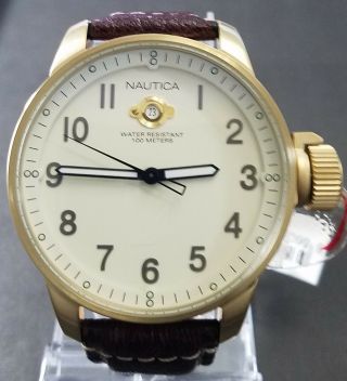 Nautica Gold Steel Case Brown Leather Strap Mens A09599 - Retail $195 (59 Off)