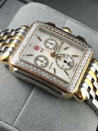 Authentic Michele Deco Chronograph Gold Steel Mother Of Pearl Diamond Watch