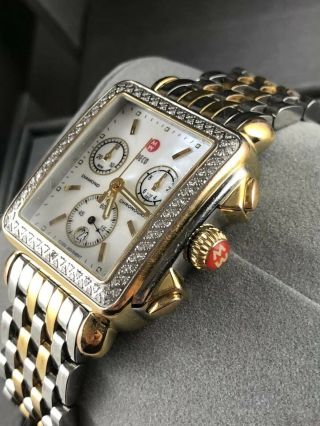Authentic Michele Deco Chronograph Gold Steel Mother Of Pearl Diamond Watch 2