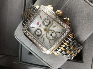 Authentic Michele Deco Chronograph Gold Steel Mother Of Pearl Diamond Watch 4