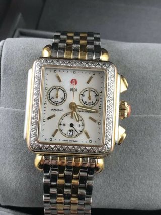 Authentic Michele Deco Chronograph Gold Steel Mother Of Pearl Diamond Watch 5