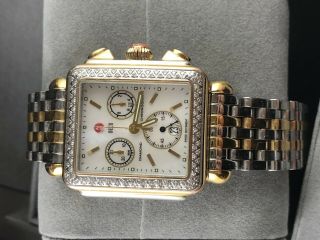 Authentic Michele Deco Chronograph Gold Steel Mother Of Pearl Diamond Watch 7